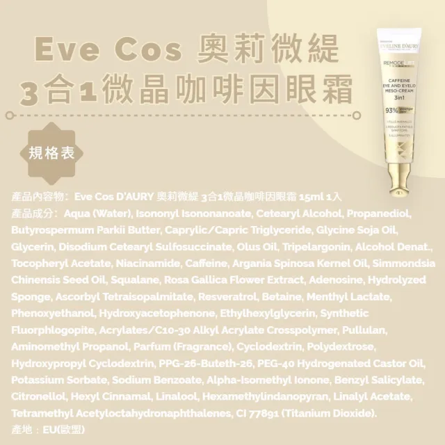 【Eveline Cosmetics】D’AURY 奧莉微緹 3合1微晶咖啡因眼霜 15ml(波蘭原裝)