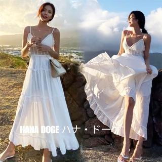 【HANA DOGE 】歐美度假風浪漫性感V領蕾絲花拼接長洋裝(打卡拍照必備款)