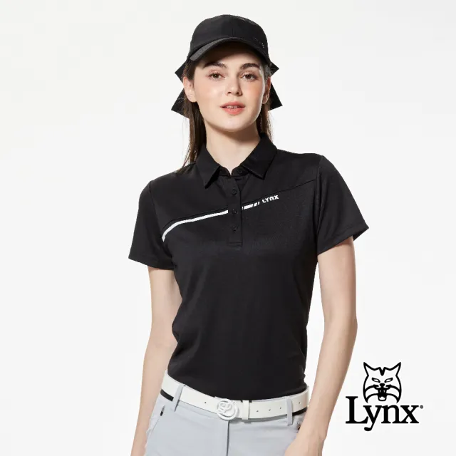 【Lynx Golf】女款合身版吸溼排汗Lynx字樣緹花工藝斜裁剪接配布造型短袖POLO衫/高爾夫球衫(二色)