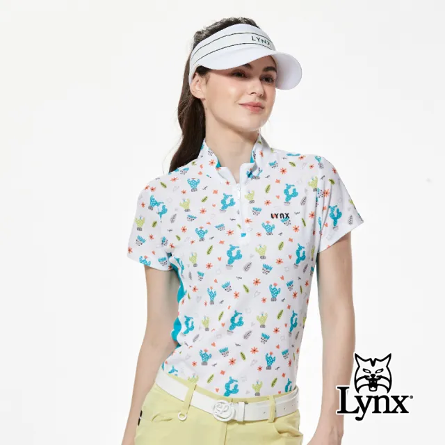 【Lynx Golf】女款吸溼排汗配色羅紋袖異材質剪裁山貓膠標造型短袖立領POLO衫/高爾夫球衫(二色)