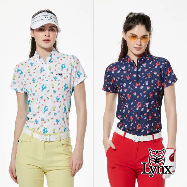 【Lynx Golf】女款吸溼排汗配色羅紋袖異材質剪裁山貓膠標造型短袖立領POLO衫/高爾夫球衫(二色)
