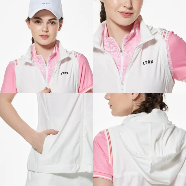 【Lynx Golf】女款抗UV彈性舒適配條羅紋剪接造型拉鍊口袋設計可拆式連帽無袖背心(白色)