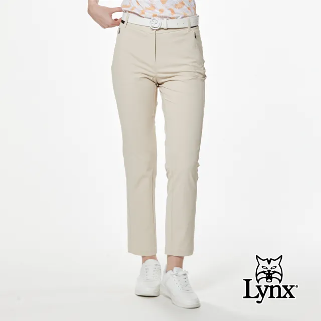 【Lynx Golf】女款吸濕排汗四面彈性剪接壓紋織帶後腰LOGO印花造型隱形拉鍊口袋窄管九分褲(二色)