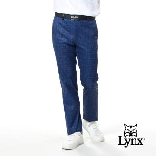 【Lynx Golf】男款彈性舒適防潑水滿版Lynx Golf印花褲耳織帶造型平口休閒長褲(深藍色)