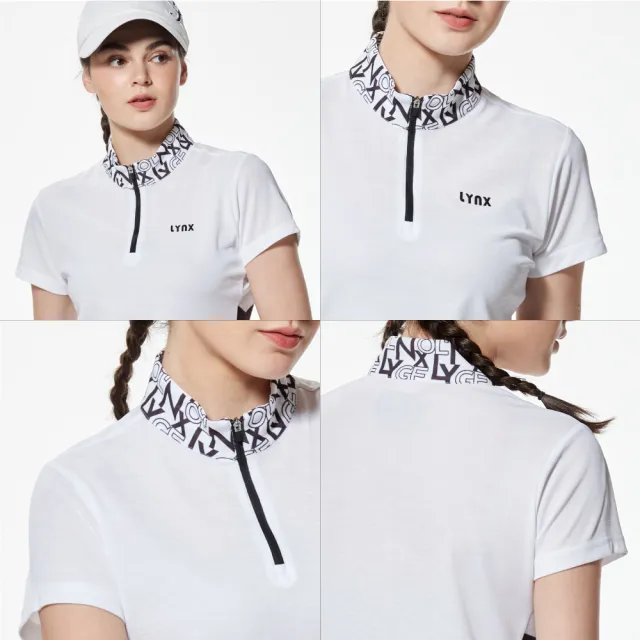 【Lynx Golf】女款吸濕排汗機能雙面組織布料剪接LOGO印花配布造型短袖立領POLO衫/高爾夫球衫(二色)