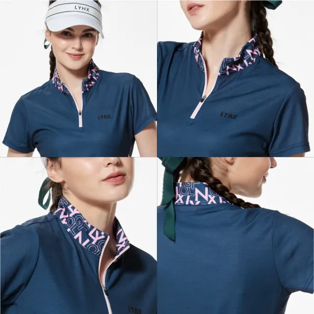 【Lynx Golf】女款吸濕排汗機能雙面組織布料剪接LOGO印花配布造型短袖立領POLO衫/高爾夫球衫(二色)