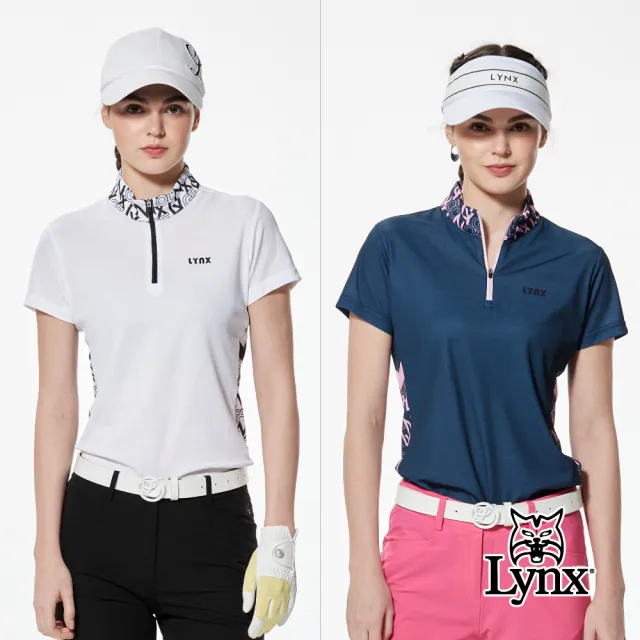 【Lynx Golf】女款吸濕排汗機能雙面組織布料剪接LOGO印花配布造型短袖立領POLO衫/高爾夫球衫(二色)