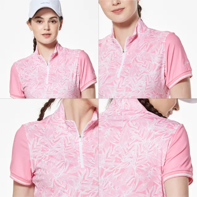 【Lynx Golf】女款吸排機能彈性舒適樹葉印花袖口剪接羅紋造型短袖立領POLO衫/高爾夫球衫(二色)