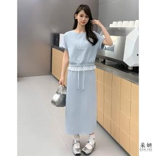 【CHAI YAN 採妍】二件式 無肩線蕾絲拼接短袖上衣+蕾絲抽繩鬆緊直筒中長裙(春夏新款套裝-65-78公斤可穿)