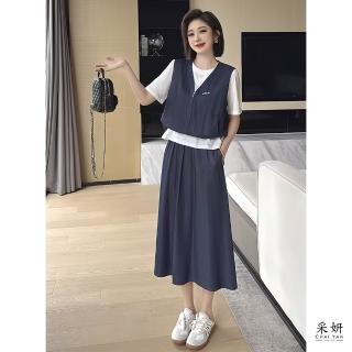 【CHAI YAN 採妍】二件式 假兩件圓領短袖上衣+鬆緊腰頭A字中長裙(春夏新款套裝-65-78公斤可穿)