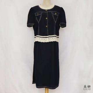 【CHAI YAN 採妍】二件式 跳色縫線泡泡短袖開衫上衣+條紋無袖長洋裝(春夏新款套裝-65-78公斤可穿)