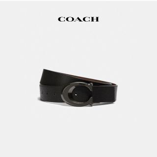 【COACH】蔻馳官方直營 經典Logo針釦可裁剪雙麵皮帶38MM-青銅色硬體/黑色/深馬鞍棕色(CQ013)