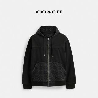【COACH】蔻馳官方直營 經典Logo丹甯布連帽拉鍊夾克-黑色水洗(CR744)