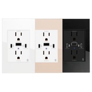 【易智快充】AC插座+40w USB+AC插座(輕鬆配線DIY-鋼化玻璃磁吸面板-高階系列)