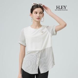【ILEY 伊蕾】圓領拼接條紋棉質上衣(白；M-XL；1252311255)