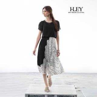 【ILEY 伊蕾】線條印花壓褶假兩件洋裝(黑；M-XL；1252027305)