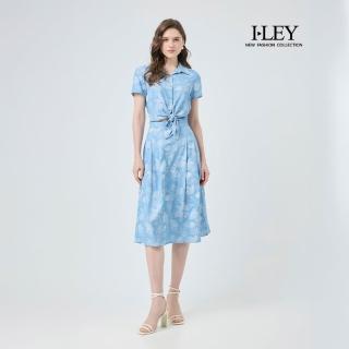 【ILEY 伊蕾】襯衫綁結假兩件棉質印花洋裝(藍；M-XL；1252027409)