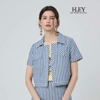 【ILEY 伊蕾】水手條紋襯衫領純棉短袖外套(藍；M-XL；1252314050)