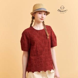 【OUWEY 歐薇】燈籠袖水洗純棉刺繡上衣(紅；S-L；3252321857)