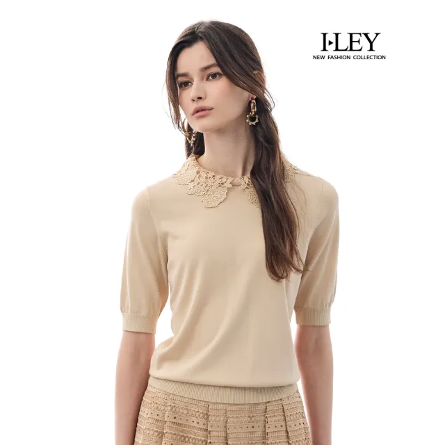 【ILEY 伊蕾】可拆式蕾絲領片縲縈針織上衣(卡其；M-XL；1252515014)