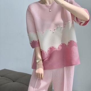【巴黎精品】現貨+預購 三宅風皺褶衣服褶皺上衣高階摺衣彈力女裝顯瘦折衣大碼(五分袖釘珠寬鬆女T恤a1jb2)