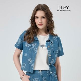 【ILEY 伊蕾】玫瑰緹花棉質牛仔襯衫外套(藍；M-XL；1252028418)