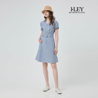 【ILEY 伊蕾】水手條紋純棉襯衫領腰帶洋裝(藍；M-XL；1252317762)