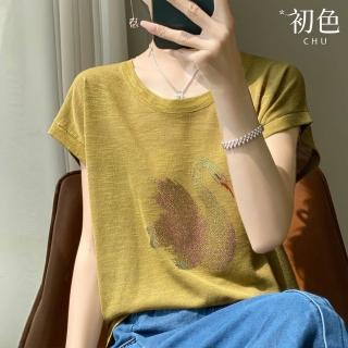 【初色】亮鑽天鵝印花圓領寬鬆短袖T恤上衣女上衣-共5色-35759(M-2XL可選)