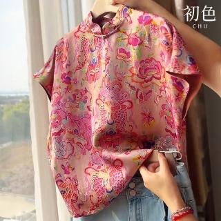 【初色】新中式復古立領盤扣無袖碎花印花短款旗袍T恤襯衫上衣女上衣-紅色-12729(M-2XL可選)