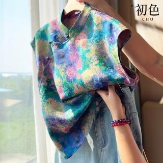 【初色】新中式復古盤扣立領無袖暈染印花背心短款旗袍T恤襯衫上衣女上衣-花色-12563(M-2XL可選)
