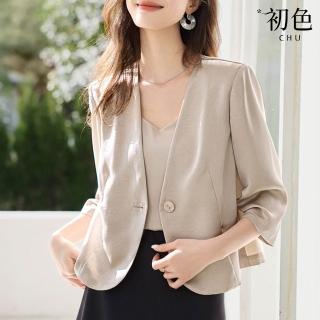 【初色】氣質簡約通勤風V領七分長袖單扣西裝外套女外套-共2色-12702(M-2XL可選)