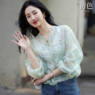【初色】燒花印花優雅輕盈裝飾織帶透膚寬鬆休閒防曬棒球領長袖外套女外套-淡綠色-12711(M-2XL可選)