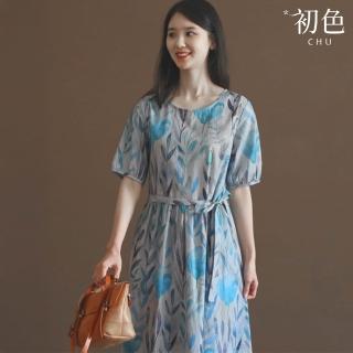 【初色】文藝風森林系棉麻滿版印花寬鬆腰帶圓領短袖中長裙連衣裙連身洋裝-藍色-12687(M-2XL可選)