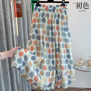 【初色】文藝棉麻風水彩波點印花鬆緊腰中長裙半身裙長裙-花色-12678(M-2XL可選)