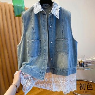 【初色】拼接蕾絲牛仔翻領無袖背心襯衫夾克上衣女外套-藍色-12659(M-2XL可選)