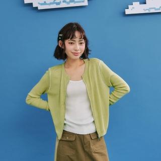 【Dailo】撞色假二件拉鍊式長袖針織上衣(黑 綠 灰)