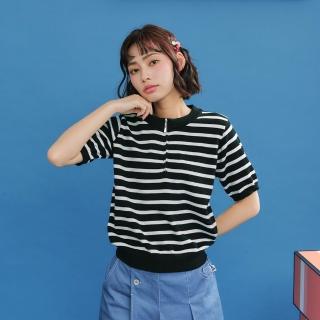 【Dailo】半開襟拉鍊式短袖針織上衣(黑 白 灰)