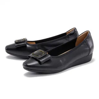 【DIANA】方釦蝴蝶結真皮厚底低跟鞋(黑色)