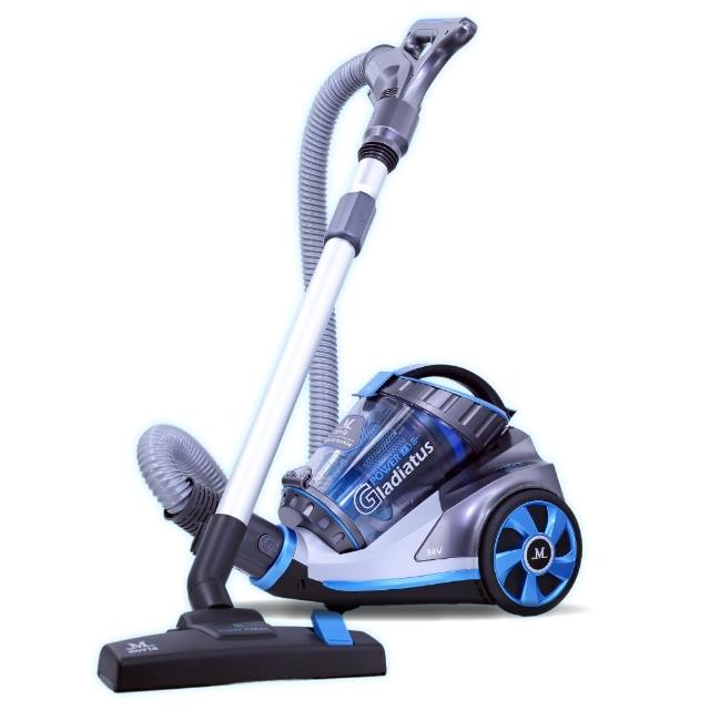  Mdovia Gladiatus SB1218 無線圓筒式吸塵器，藍色系設計，800ml 可洗式集塵筒，專為除蟎功能打造。輕巧 4kg 重量，尺寸 40x27x30 cm，電池供電，適閤家居快速清潔。配件包含 HEPA 濾網、伸縮鋼管、迷你渦輪吸頭、軟質毛刷吸頭及原廠保證書。中國製造，1 年保固，BSMI 認證 R32496，高效過濾灰塵蟎蟲，無線自由移動，完美解決居家衛生問題。 