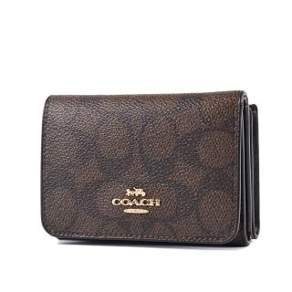 【COACH】緹花LOGO防刮可拆式三折短夾/零錢包-咖啡色