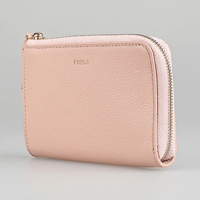 【FURLA 芙拉】FURLA Goccia燙金英文LOGO牛皮4卡拉鍊卡夾零錢包(中/粉米色)