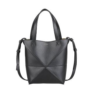【LOEWE 羅威】LOEWE Puzzle Fold金字LOGO立體設計小牛皮搭麂皮開放式斜背托特包(迷你/黑)