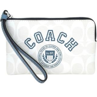 【COACH】灰藍X冰川白PVC滿版LOGO拉鍊手拿包