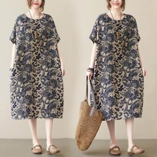 【紐約精品】現貨+預購 女棉麻寬鬆長裙長洋裝連身裙子A字裙大尺碼(短袖洋氣文藝復古a1jp62)