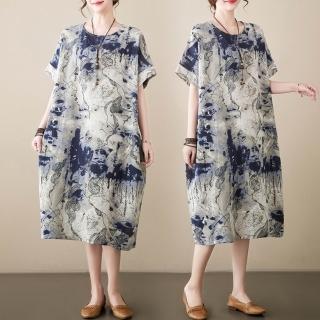 【紐約精品】現貨+預購 女棉麻寬鬆長裙長洋裝連身裙子A字裙大尺碼(短袖復古簡約文藝a1jp61)
