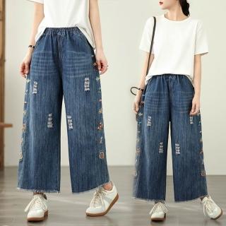 【紐約精品】現貨+預購 女牛仔褲子牛仔寬褲長褲直筒褲休閒褲大尺碼(鬆緊刺繡文藝大方a1jp15)