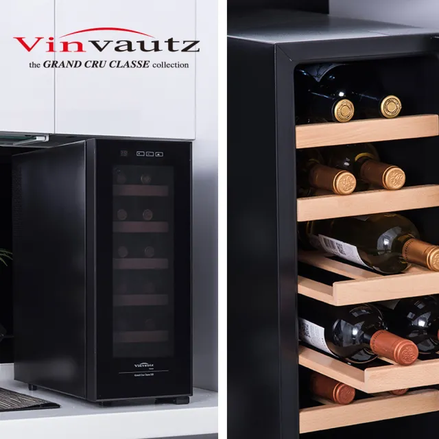 【VinVautz】法國名望 Grand Cru炫黑玻璃門系列 12瓶裝桌上型酒櫃//電子溫度調節/UV隔熱/紅酒櫃(VZ12ABT)