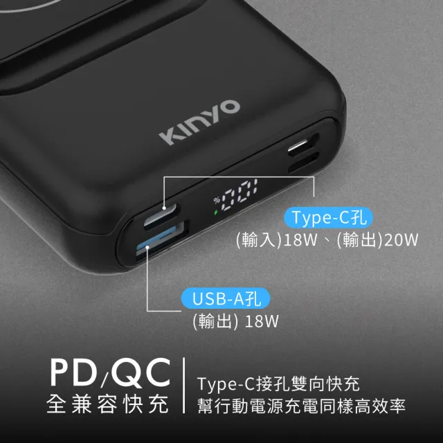 【KINYO】WH標示 10000mAh 20W快充 自帶線磁吸行動電源(KPB-2532B Type-C/蘋果/無線充)