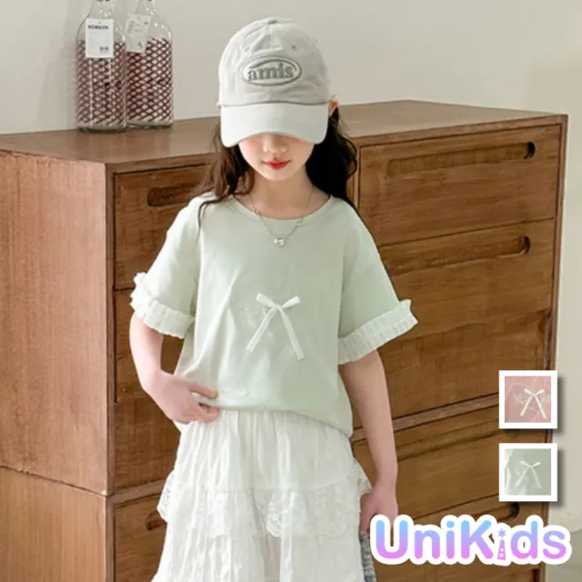 【UniKids】中大童裝短袖T恤 愛心蝴蝶結花邊袖上衣 女大童裝 VPMXBB(粉T 綠T)