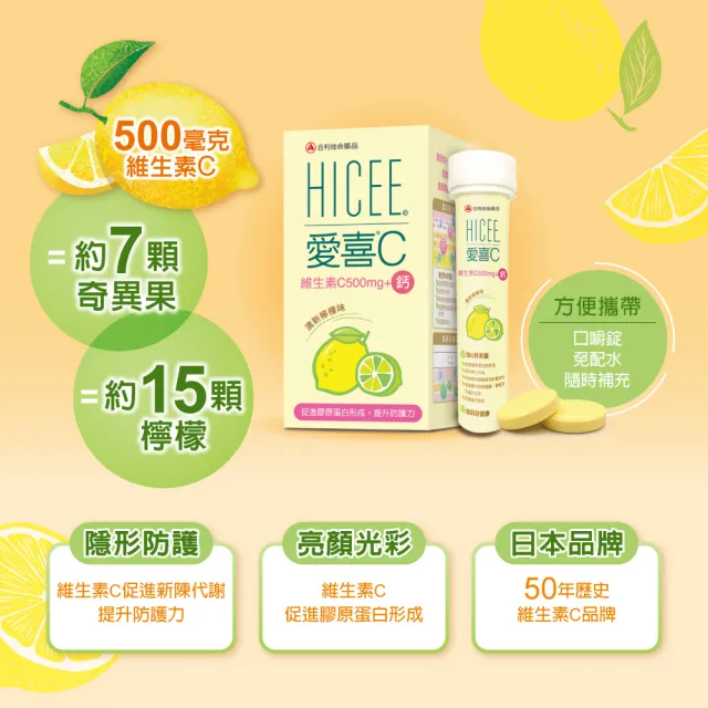 【Alinamin 合利他命】HICEE 愛喜維生素C 500mg+鈣口嚼錠_60錠/盒(維生素C+鈣_清新檸檬味)